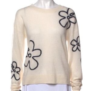 Cynthia Rowley 100% Cashmere Ivory/Cream With Black Flowers Crew Neck Sweater L